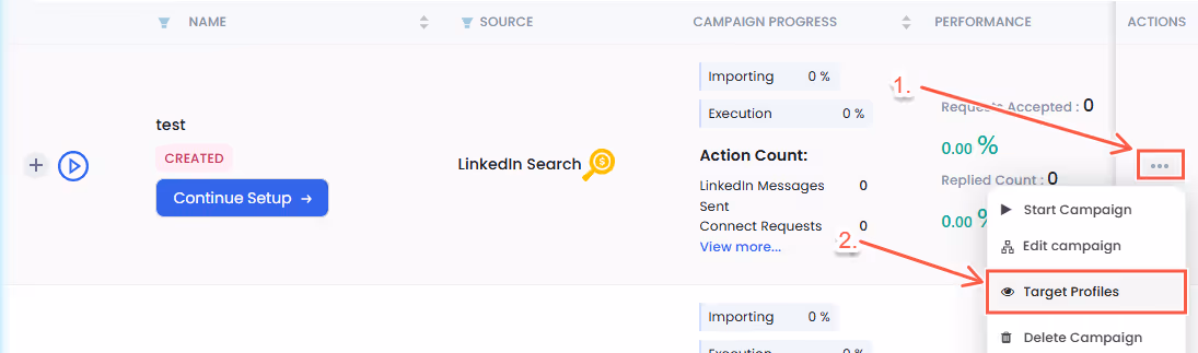 created campaign actions button target profiles options selected