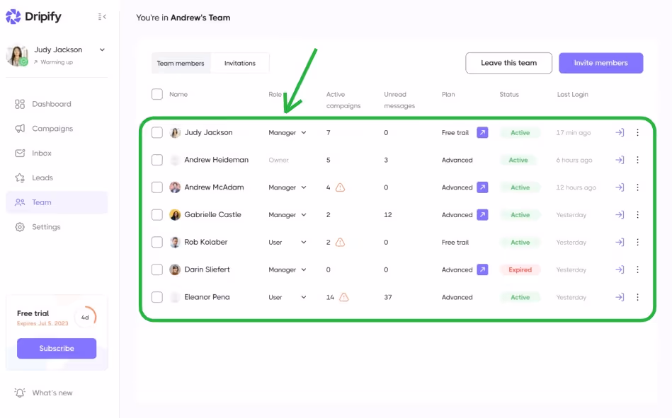 Screenshot of a team dashboard in the Driplify application.