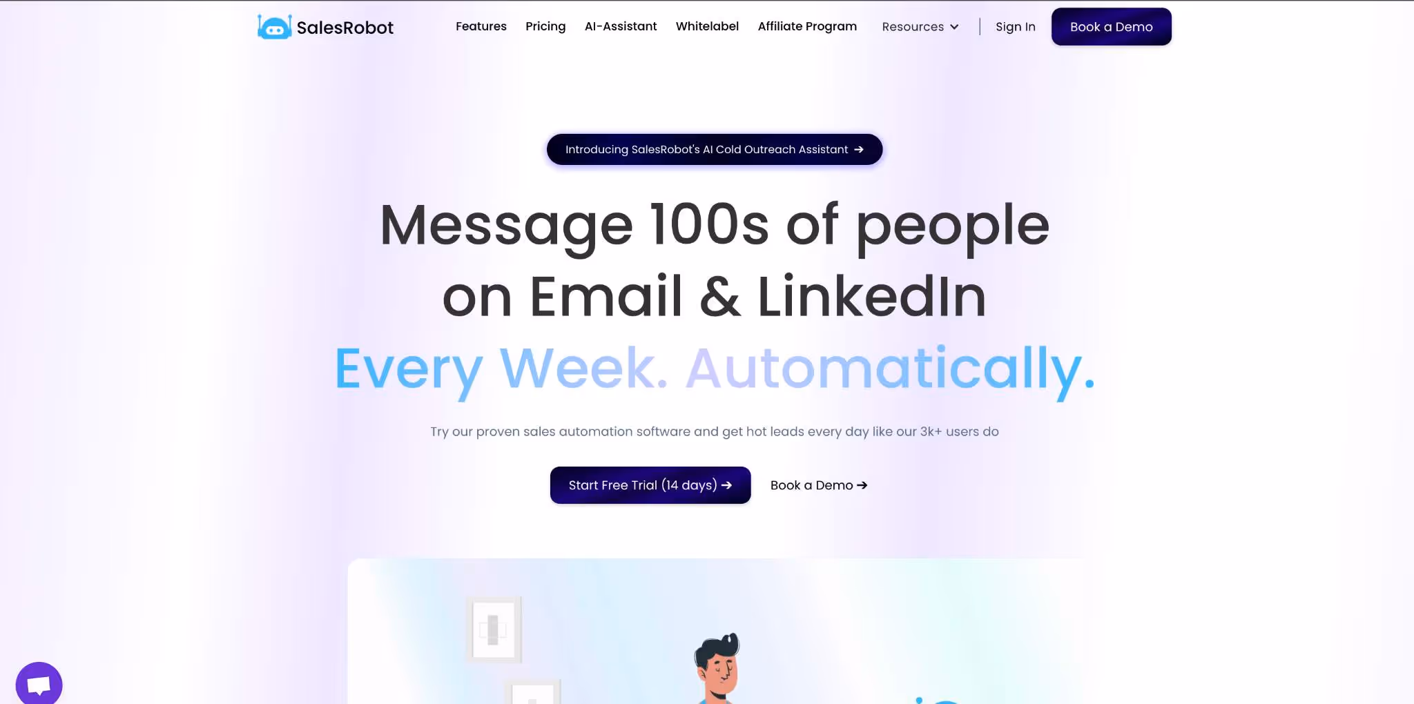 SalesRobot landing page advertising its AI cold outreach assistant.