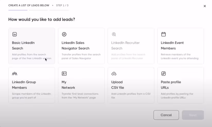 Screenshot showing different ways to add leads to a marketing campaign.