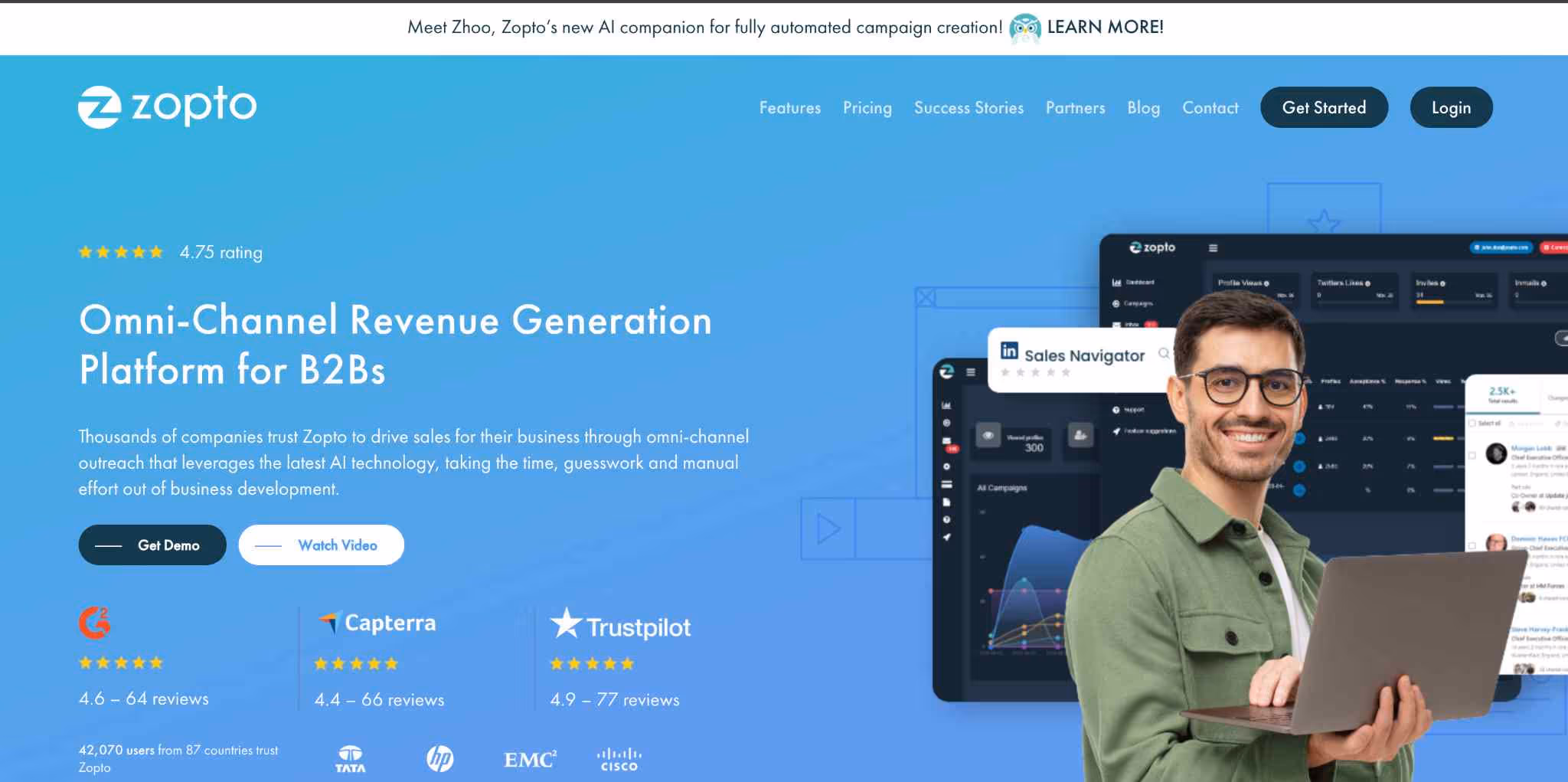 Zopto's website showcasing its omni-channel revenue generation platform for B2Bs.