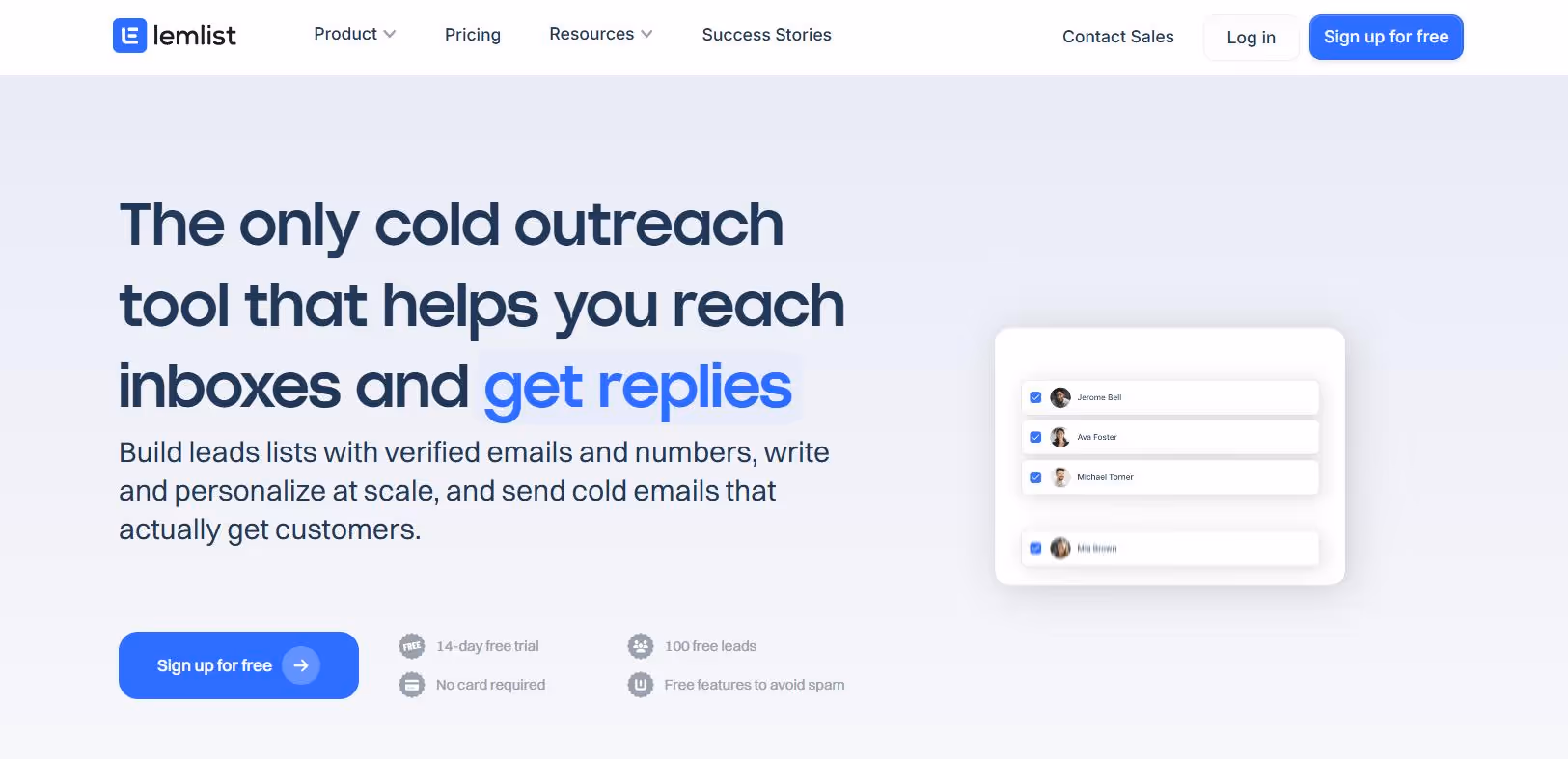 Lemlist homepage showcasing cold outreach tools.