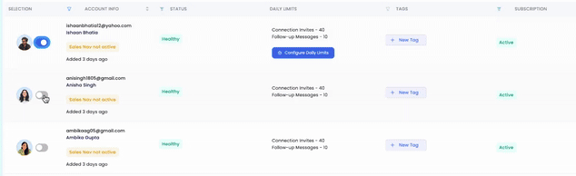 Screenshot of a user dashboard showing account information, daily limits, tags, and subscription status.