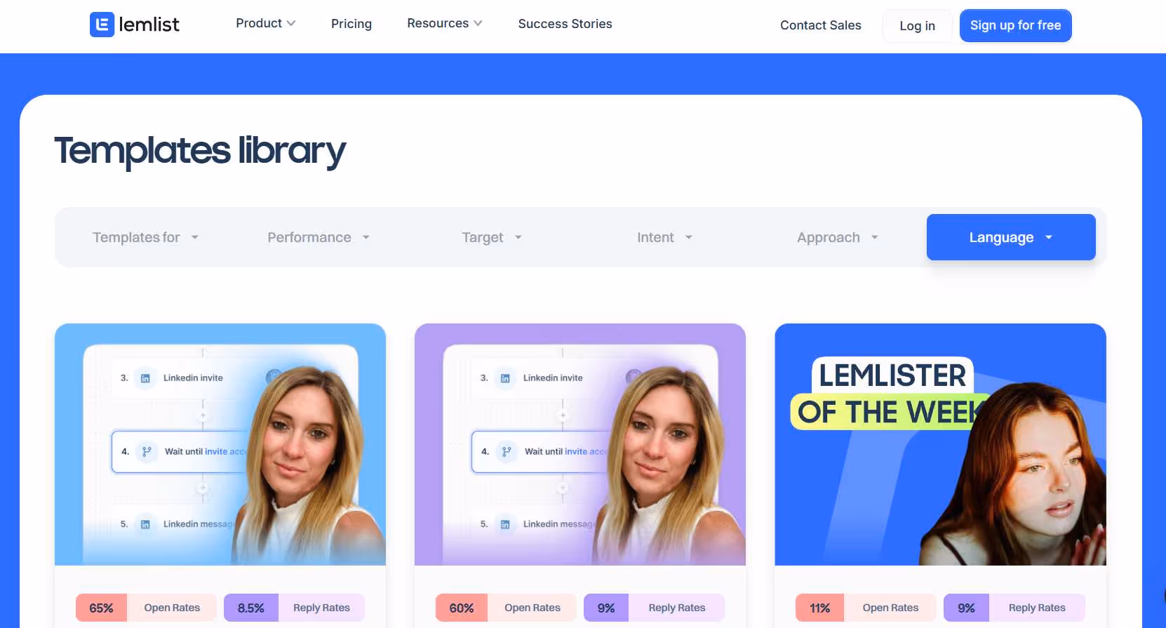 Lemlist's templates library with options for templates, performance, target, intent, approach, and language.