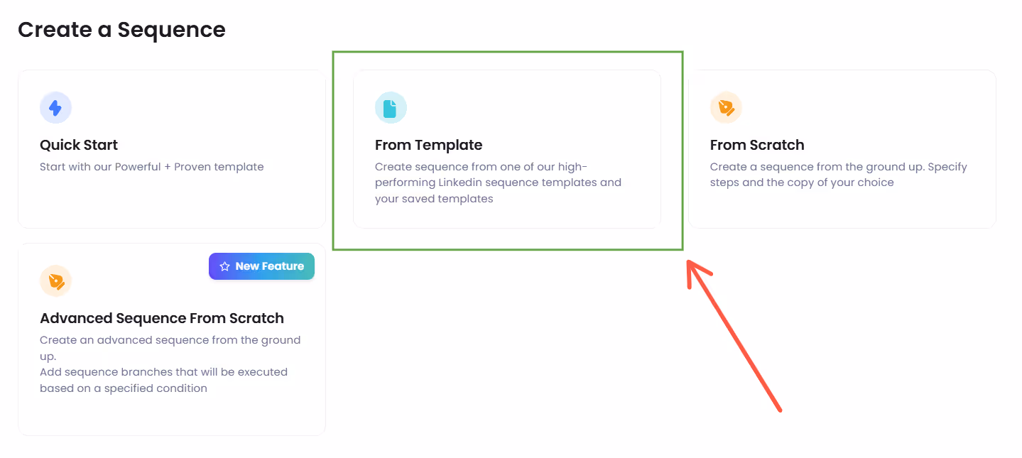 Option to create a LinkedIn sequence from a template or from scratch.