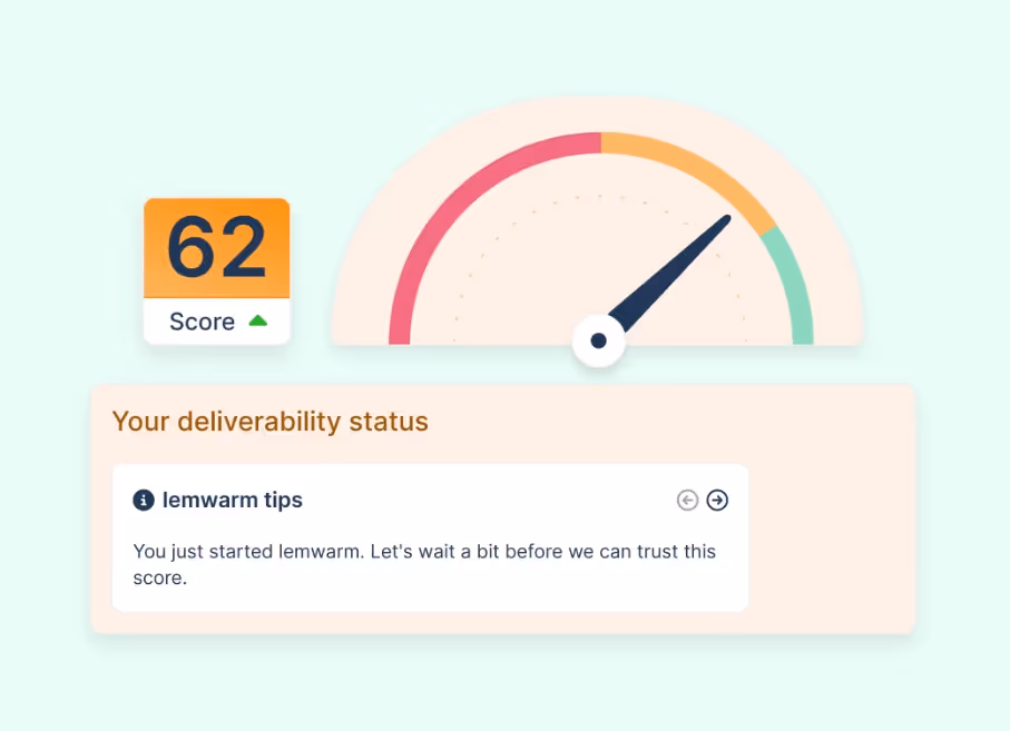 Lemwarm deliverability status indicator showing a score of 62.