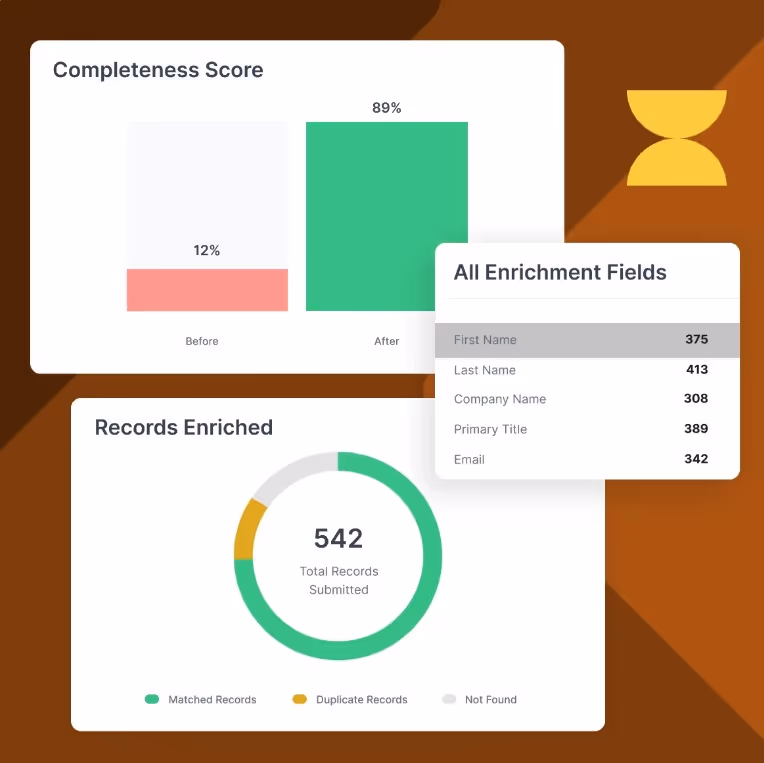 Data enrichment results showing completeness score, records enriched, and a breakdown of matched, duplicate, and not found records.