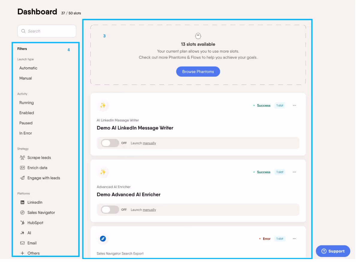 Driply dashboard showing filters, running campaigns, and available slots.