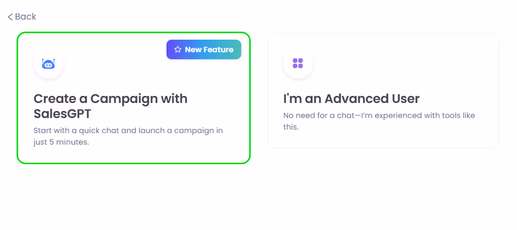 Two buttons: one to create a Sales GPT campaign, and one for advanced users.