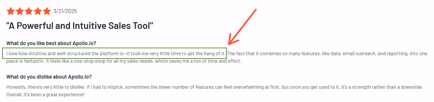 A five-star review of Apollo.io, highlighting its intuitive and powerful features.