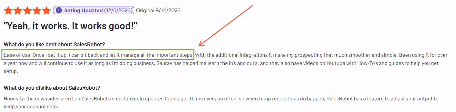 Screenshot of a five-star review of SalesRobot, highlighting its ease of use and helpful support.