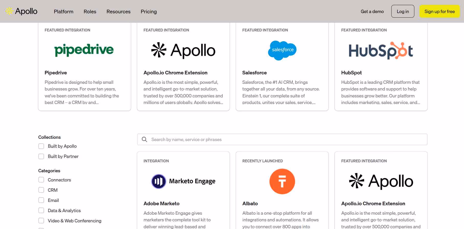 Apollo.io integrations with Pipedrive, Salesforce, and HubSpot.