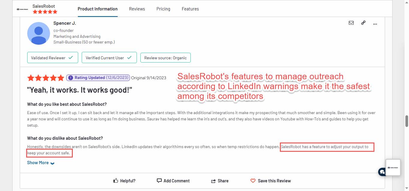 SalesRobot review highlighting its safety features.