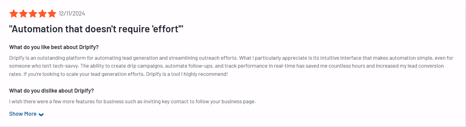 Five-star review of Driply, highlighting its ease of use and effectiveness for automation.