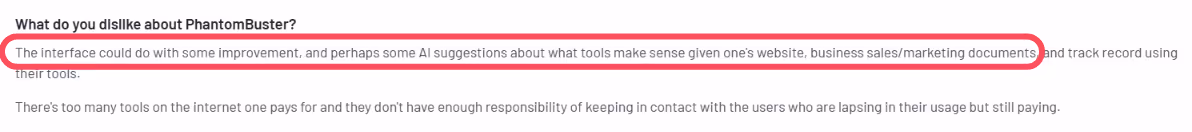 Highlighted negative review of PhantomBuster, citing interface issues and lack of user support.