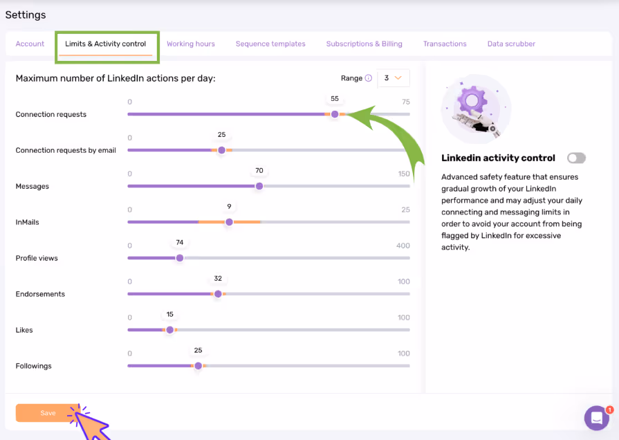 Screenshot of LinkedIn activity control settings in Dripify
