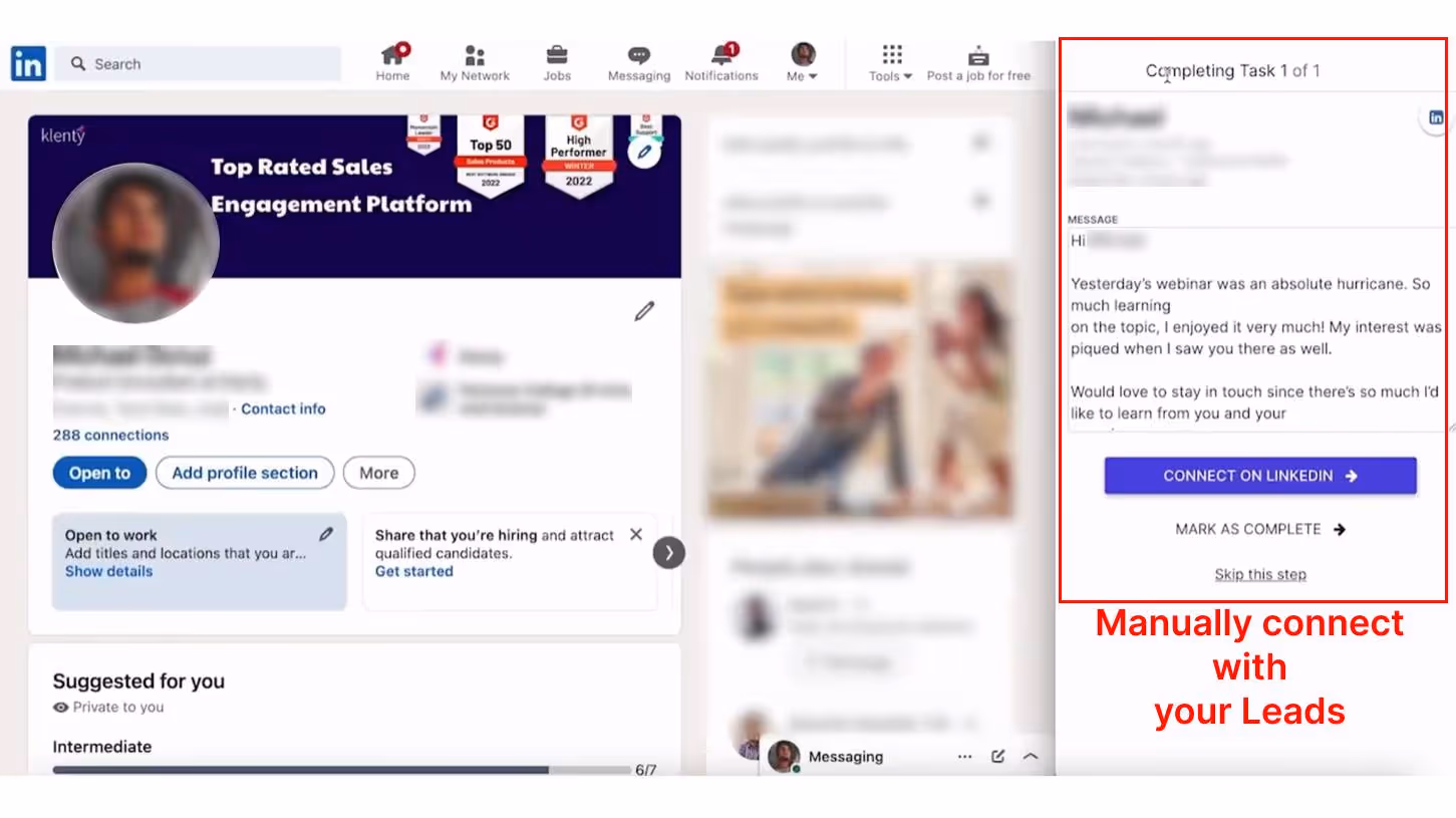 LinkedIn profile with Klenty integration for manually connecting with leads.