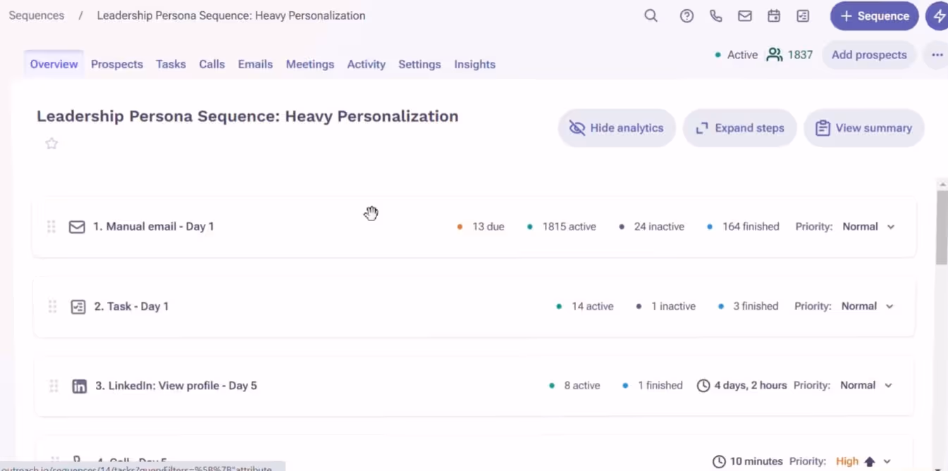 Leadership Persona Sequence: Heavy Personalization in a sales engagement platform.