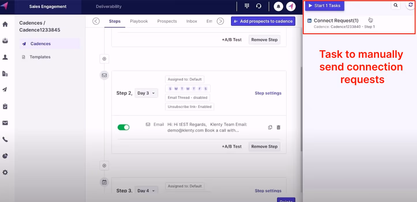 Klenty sales engagement platform showing task management and connection requests.