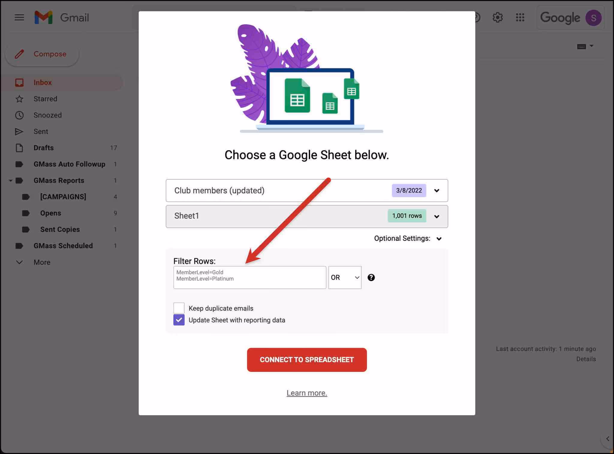 Screenshot of GMass showing how to connect Google Sheet to send emails.