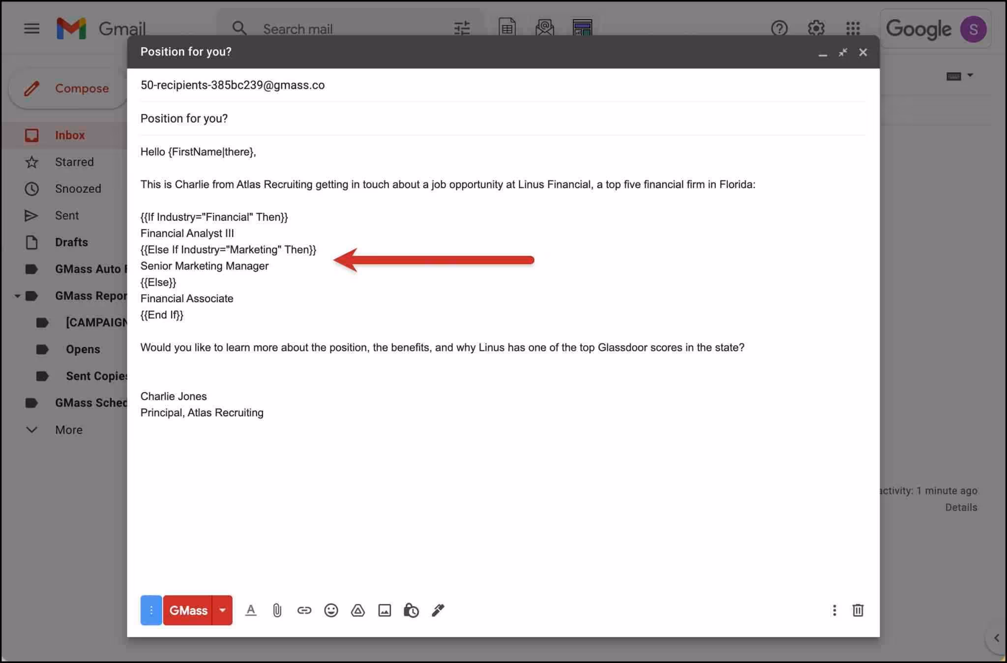 Screenshot of a personalized email using GMass.