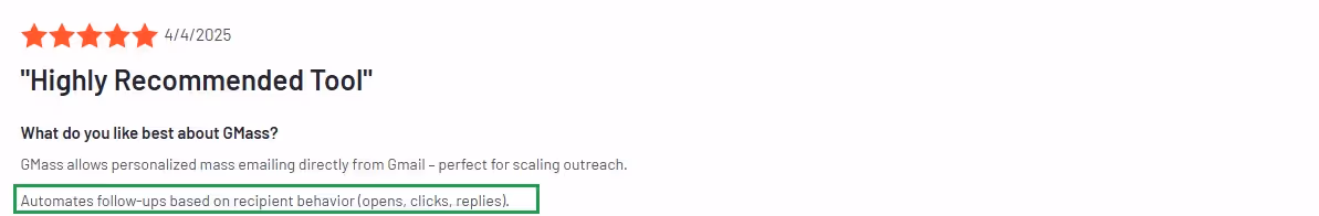 Five-star review of GMass, highlighting its ability to automate follow-ups based on recipient behavior.