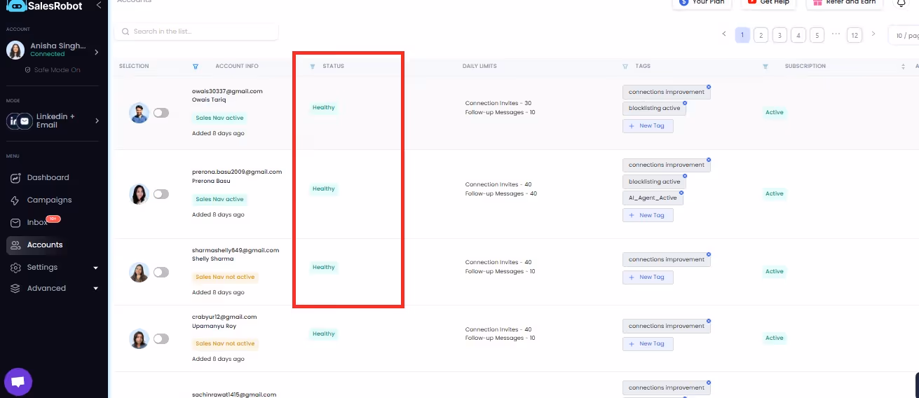 Screenshot of SalesRobot's accounts page.