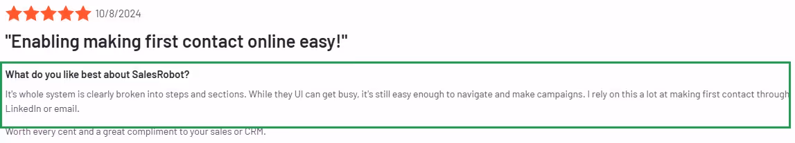 User feedback on what they like best about SalesRobot.