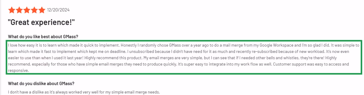 Five-star review of GMass, praising its ease of use and simple interface.