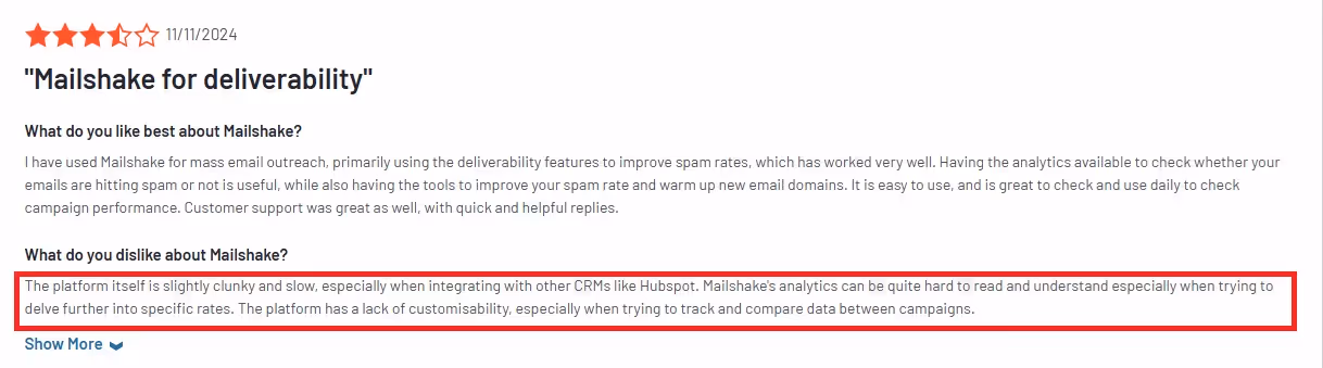 User feedback on what they dislike about Mailshake.