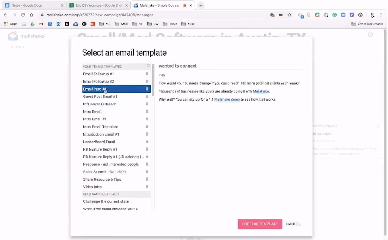 Options to select an email template.
