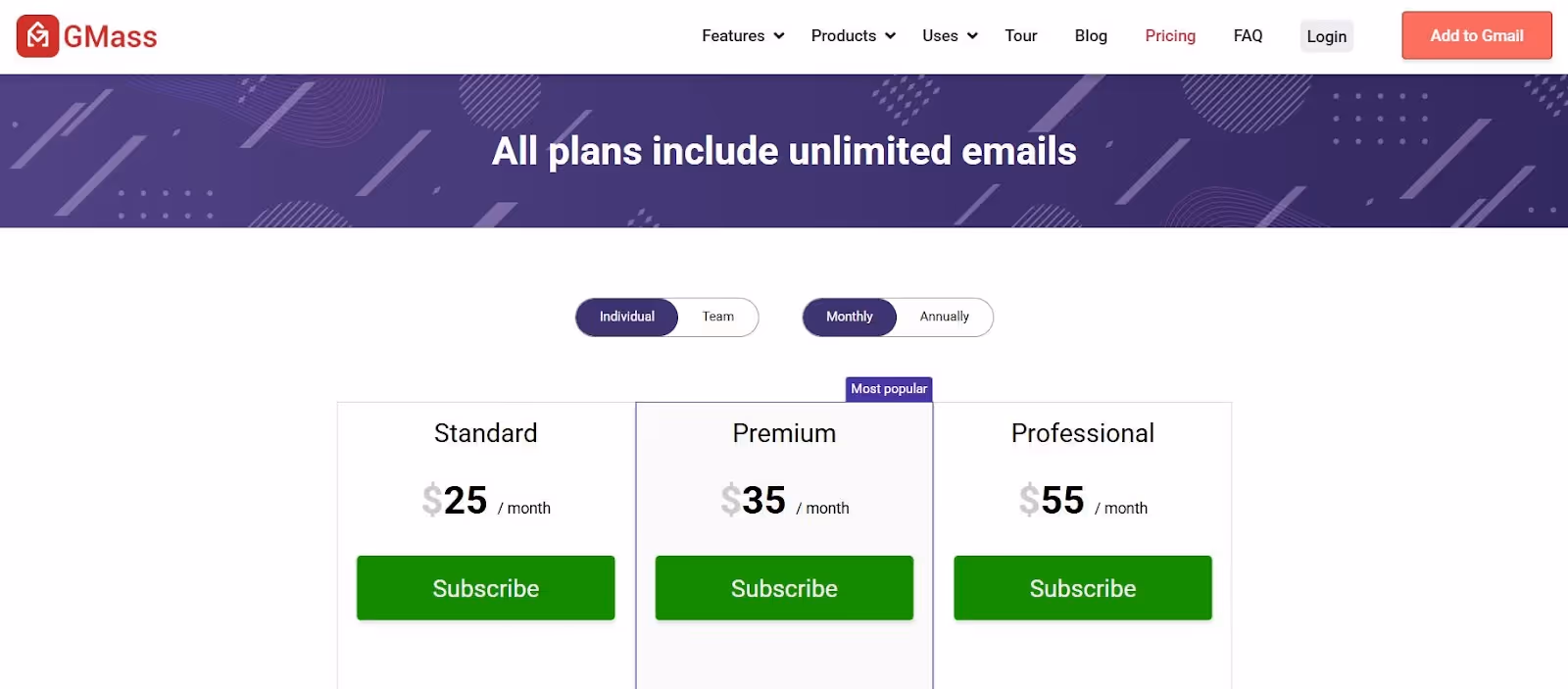 GMass pricing page showing different plans with unlimited emails.