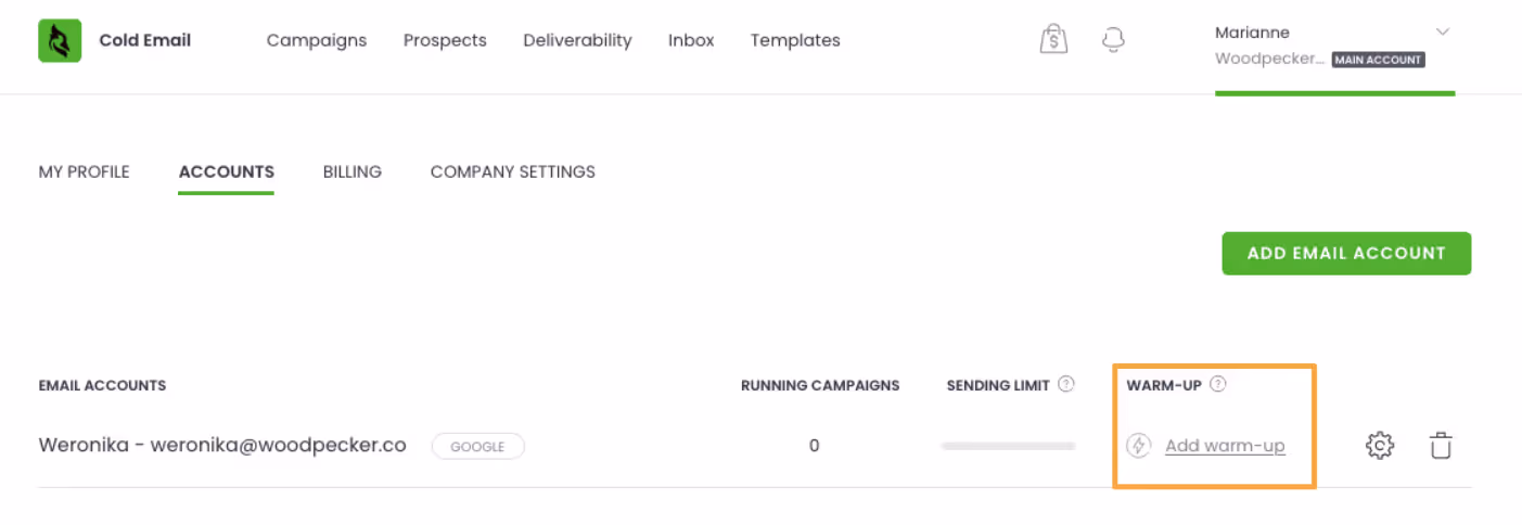 Woodpecker email account warm-up settings.