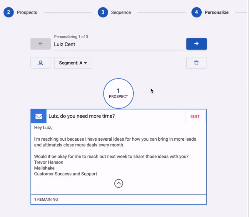 Mailshake message personalization interface.