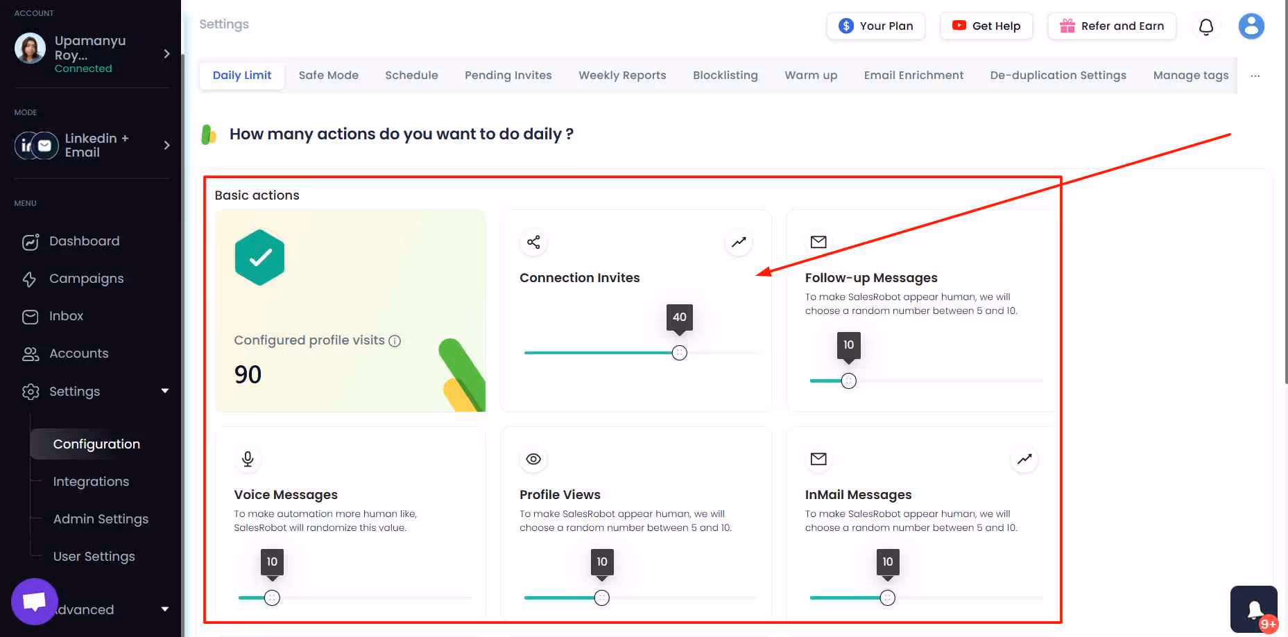 SalesRobot daily action limits.