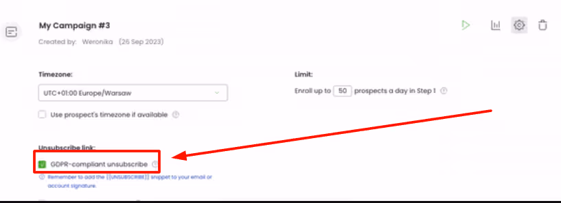Woodpecker GDPR-compliant unsubscribe link in a campaign.