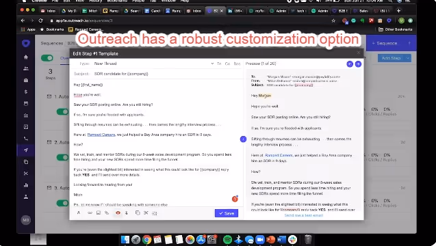 Screenshot of Outreach's customization options for email templates.