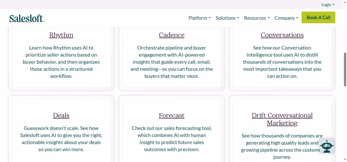 Salesloft's features: Rhythm, Cadence, Conversations, Deals, Forecast, and Drift Conversational Marketing.
