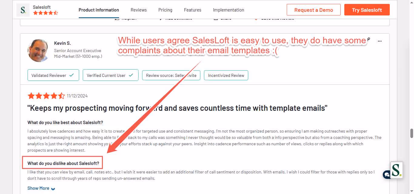Positive SalesLoft review emphasizing time savings with email templates.