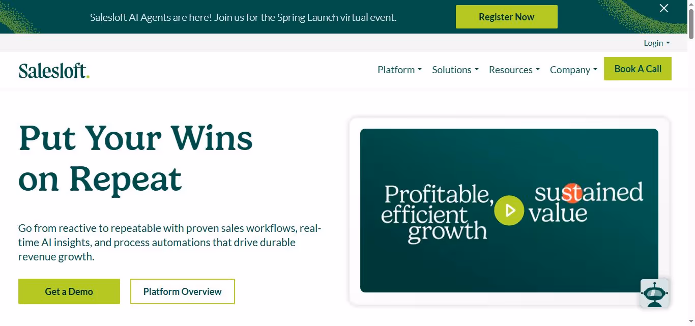 SalesLoft platform homepage advertising AI-driven sales workflows.