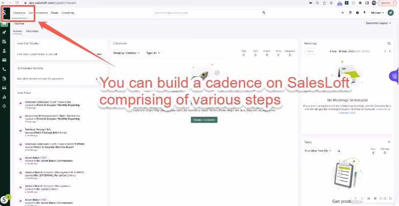 SalesLoft's cadence-building feature, allowing users to create a sequence of steps.