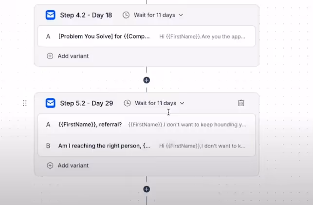 Screenshot of email sequence steps in Reply.io.