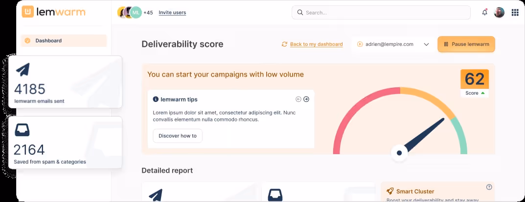 Lemwarm dashboard showing deliverability score and email statistics.