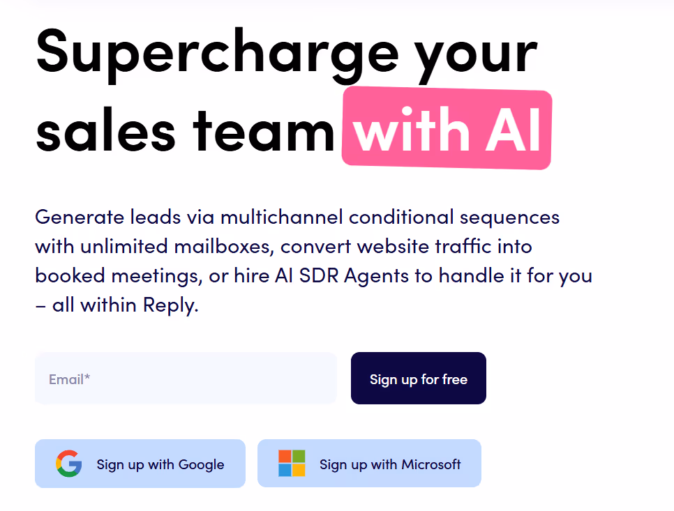 Website screenshot of Reply.io, an AI-powered sales tool.