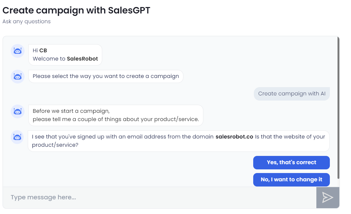 SalesRobot campaign creation options.