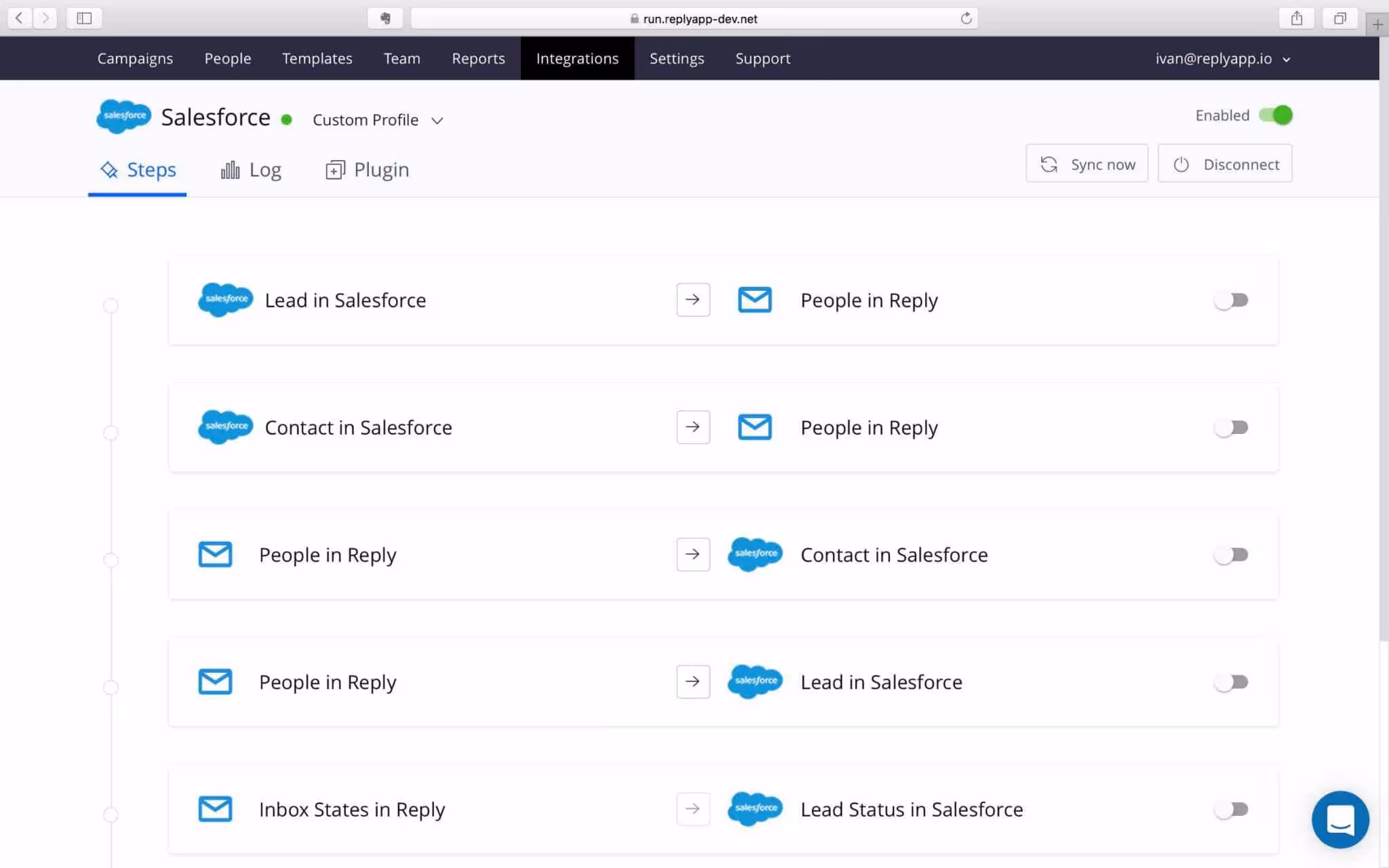 Integration settings for Reply.io and Salesforce, showing data flow between the two platforms.