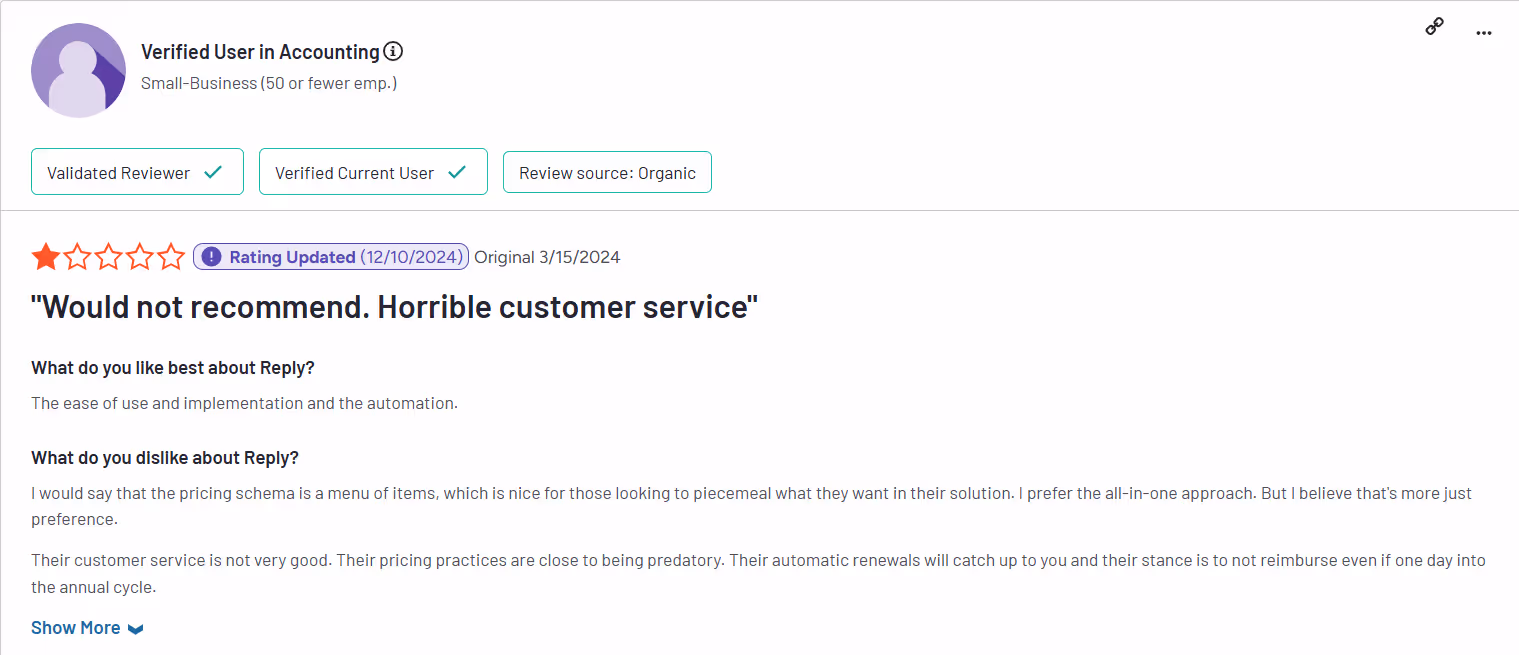 One-star review criticizing Reply's horrible customer service.