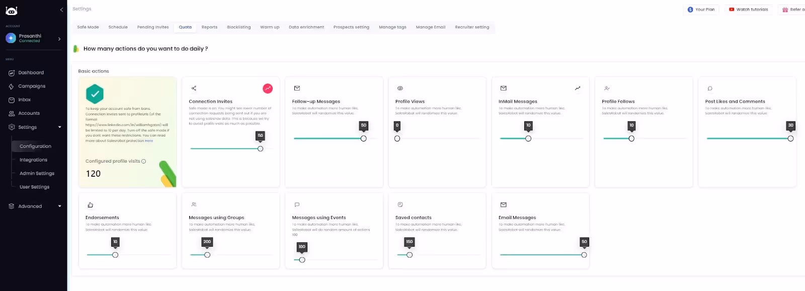 An option to set LinkedIn limits on Salesrobot.