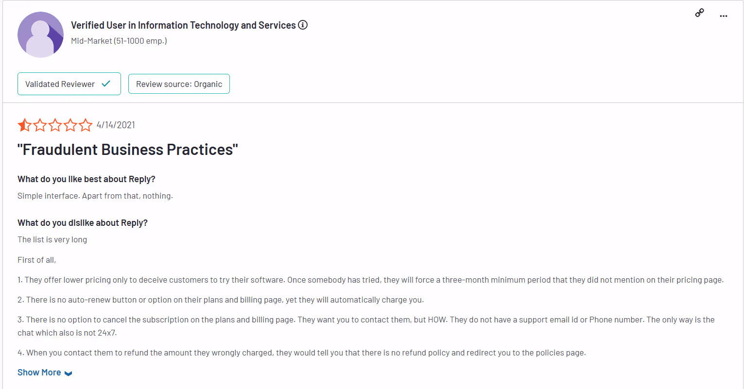 One-star review citing fraudulent business practices.