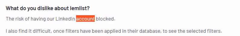 User feedback on Lemlist: LinkedIn account blocked.